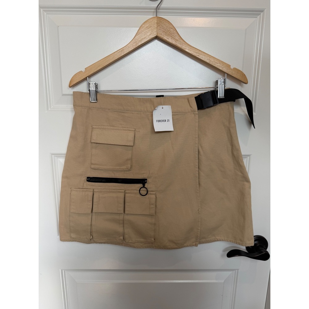 Forever 21 Women Khaki Utility Cargo Wrap Mini Skirt Buckle Belt Tan Large NEW
